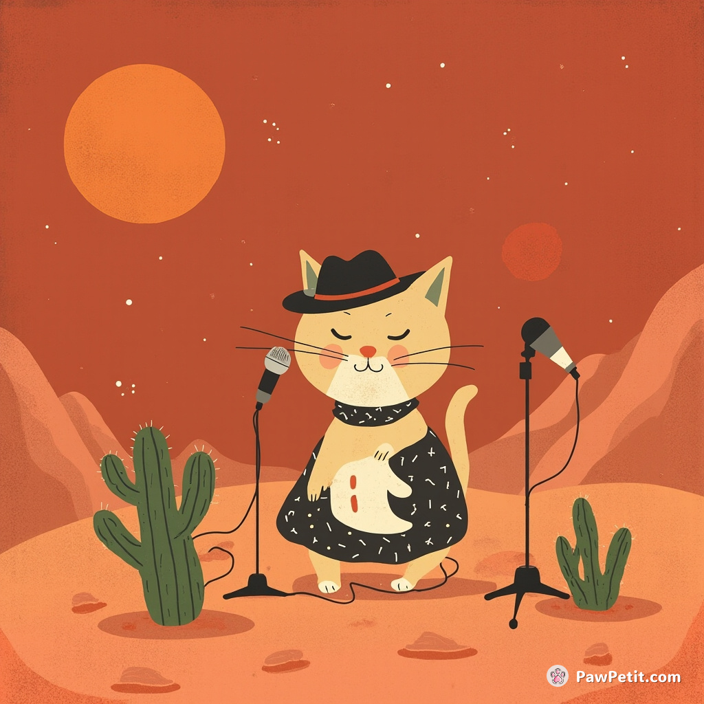 Cat performing a rock concert on Mars, using a cactus as a microphone.