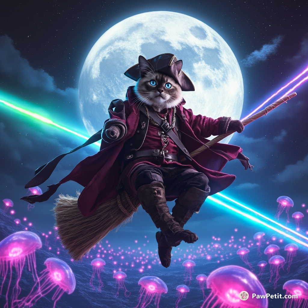 A Siamese cat wearing a flamboyant pirate costume soaring on a massive flying broomstick over a rainbow-infused moonlit sea full of giggling jellyfish.