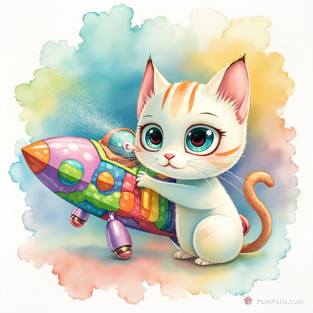A three-eyed cat spraying rainbow-colored graffiti on a spaceship with its tail.