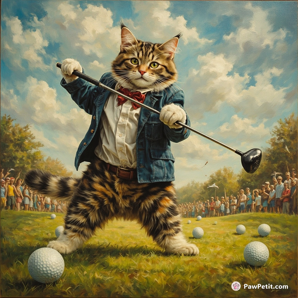 Cat decides to play golf, causing chaos as it hysterically chases the balls, disrupting a high-stakes tournament.