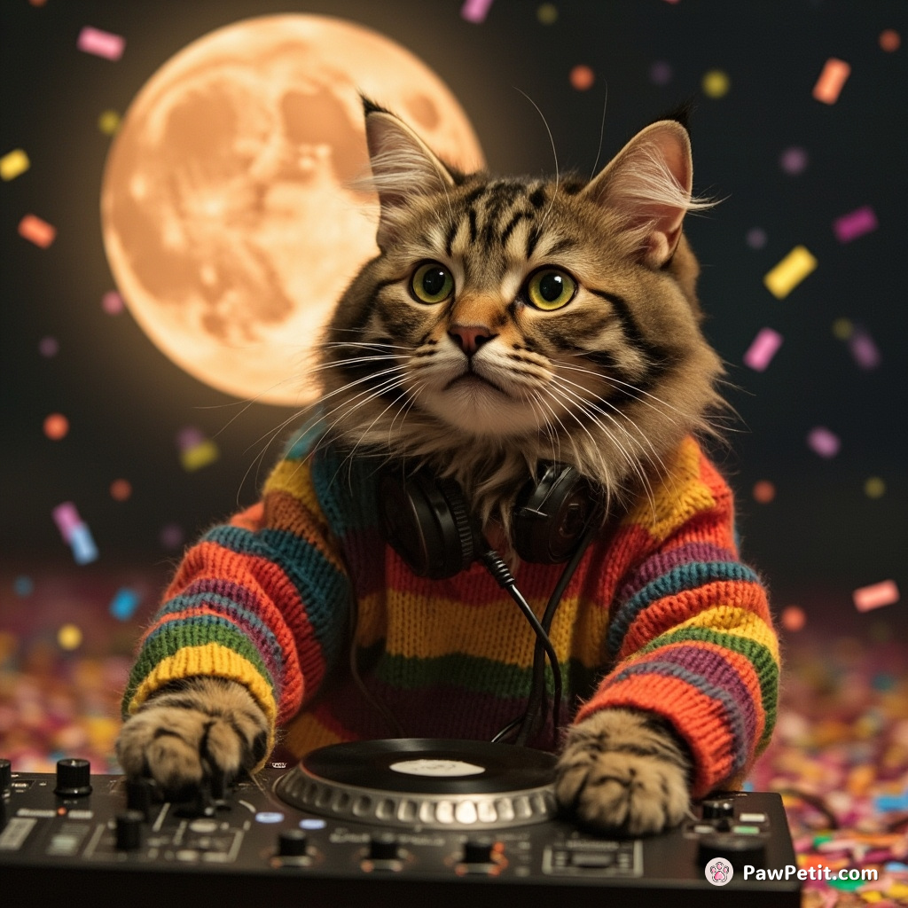 Cat Dj-ing on a luncheon meat moon, wearing multicolored disco sweater, under confetti rain.