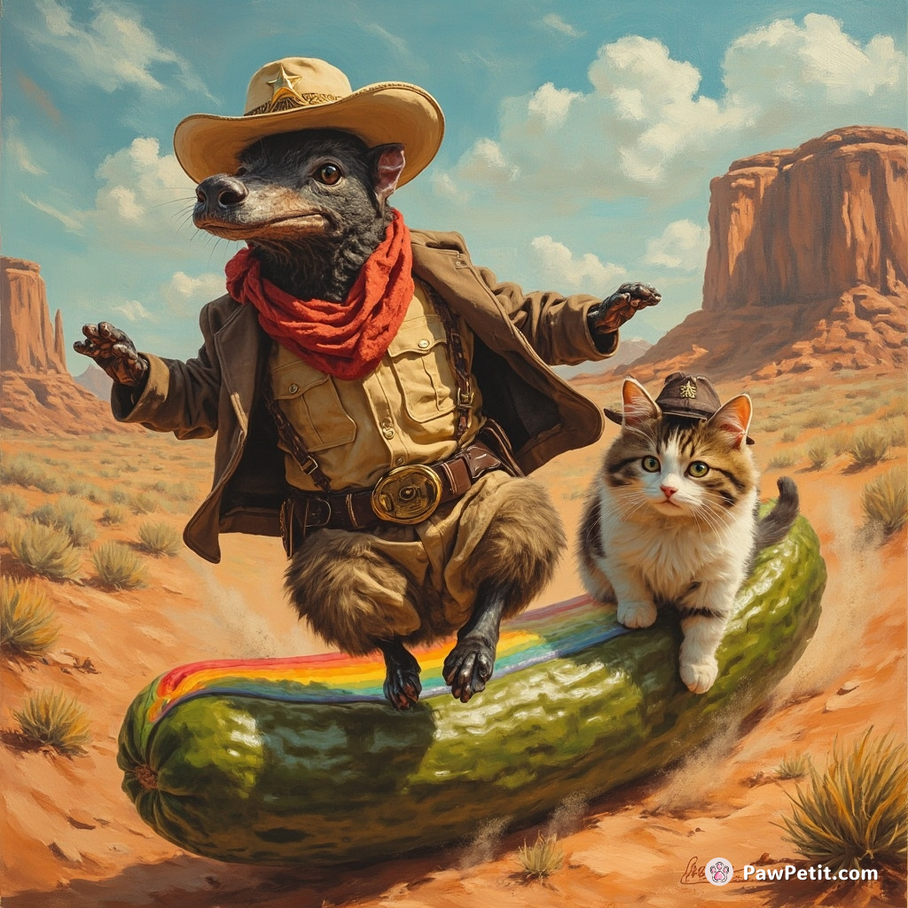 A platypus sheriff cart-wheeling in the Wild West with his cat deputy sliding down a rainbow pickle.