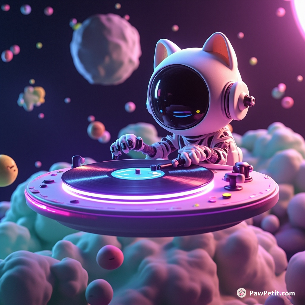 Cybernetic cat DJ spinning psychedelic vinyl records on a floating turntable in zero-gravity space.