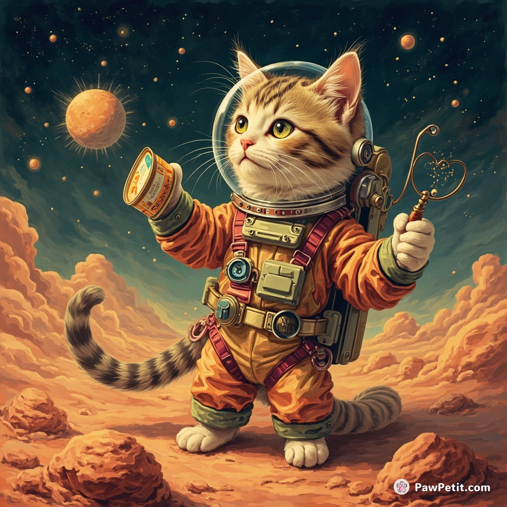 Cat, dressed as an astronaut, opening a tuna tin on Mars.