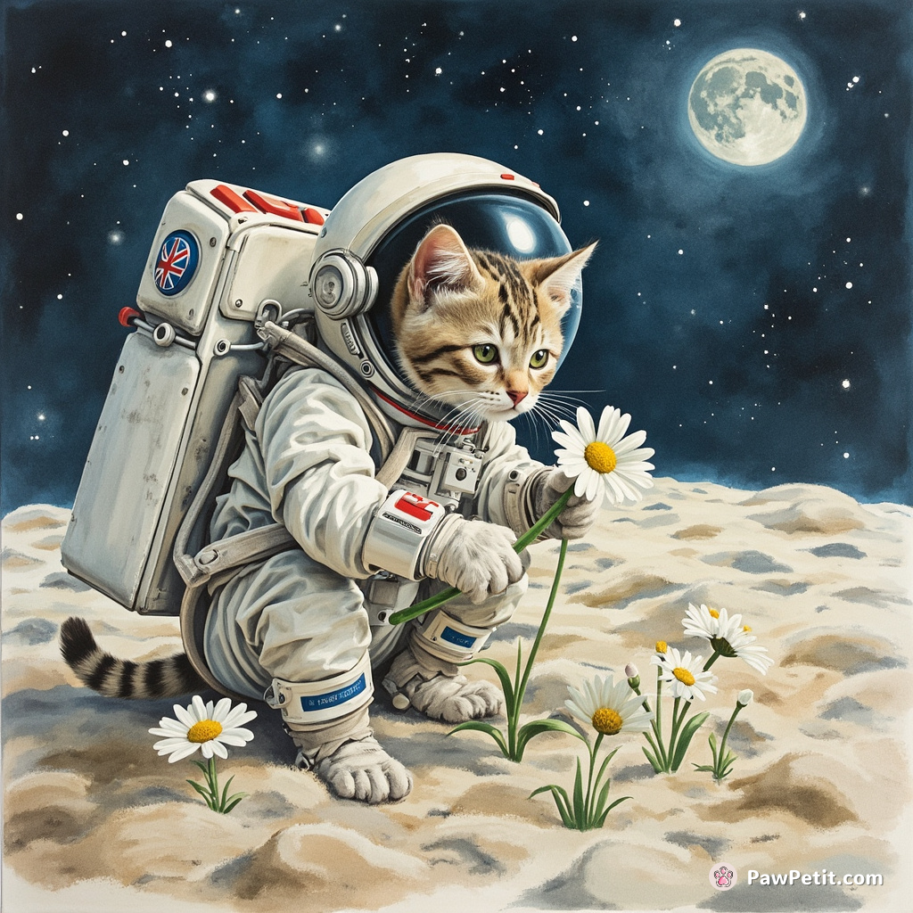 Cybernetic cat planting alien daisies on the moon in astronaut suit.