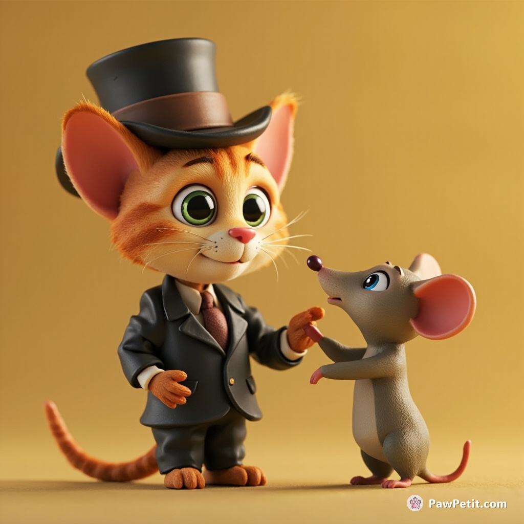 The cat, wearing a tiny suit, solemnly shakes a toy mouse as if negotiating a business deal.