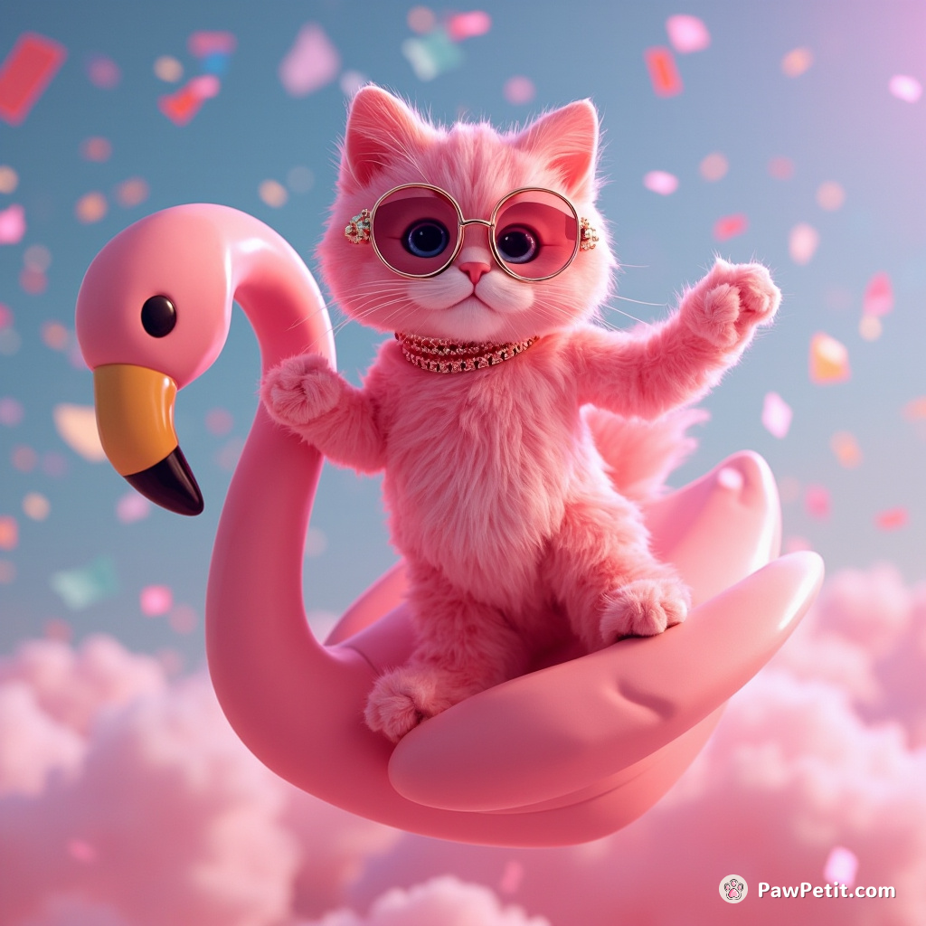 A glamorous pink cat disco dancing on a flamingo-shaped spaceship, surrounded by confetti clouds.