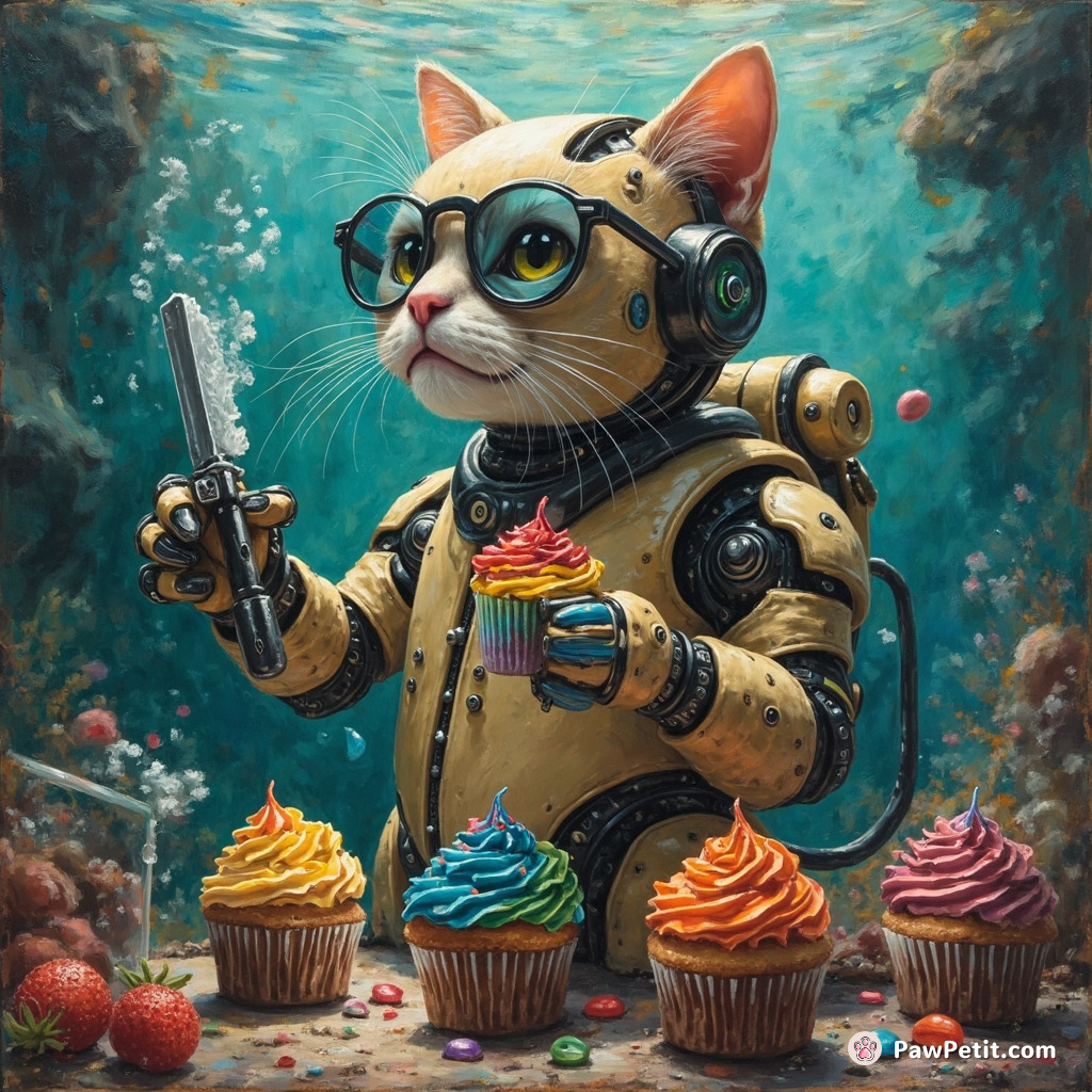 Cyborg cat baking rainbow cupcakes in an underwater bakery, Sunday morning.