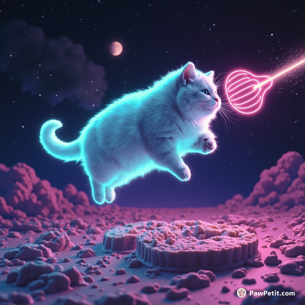 A chubby bioluminescent cat moon-jumping across cheesecake craters in space, a neon fish-shaped spaceship trailing nebula sparks close behind.