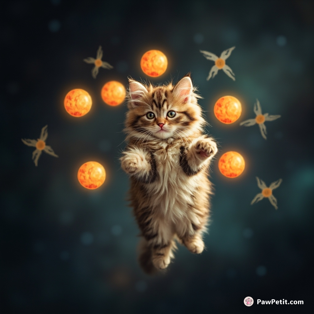 A kitten floating in empty space juggling miniature suns with their nine lives watching patiently.