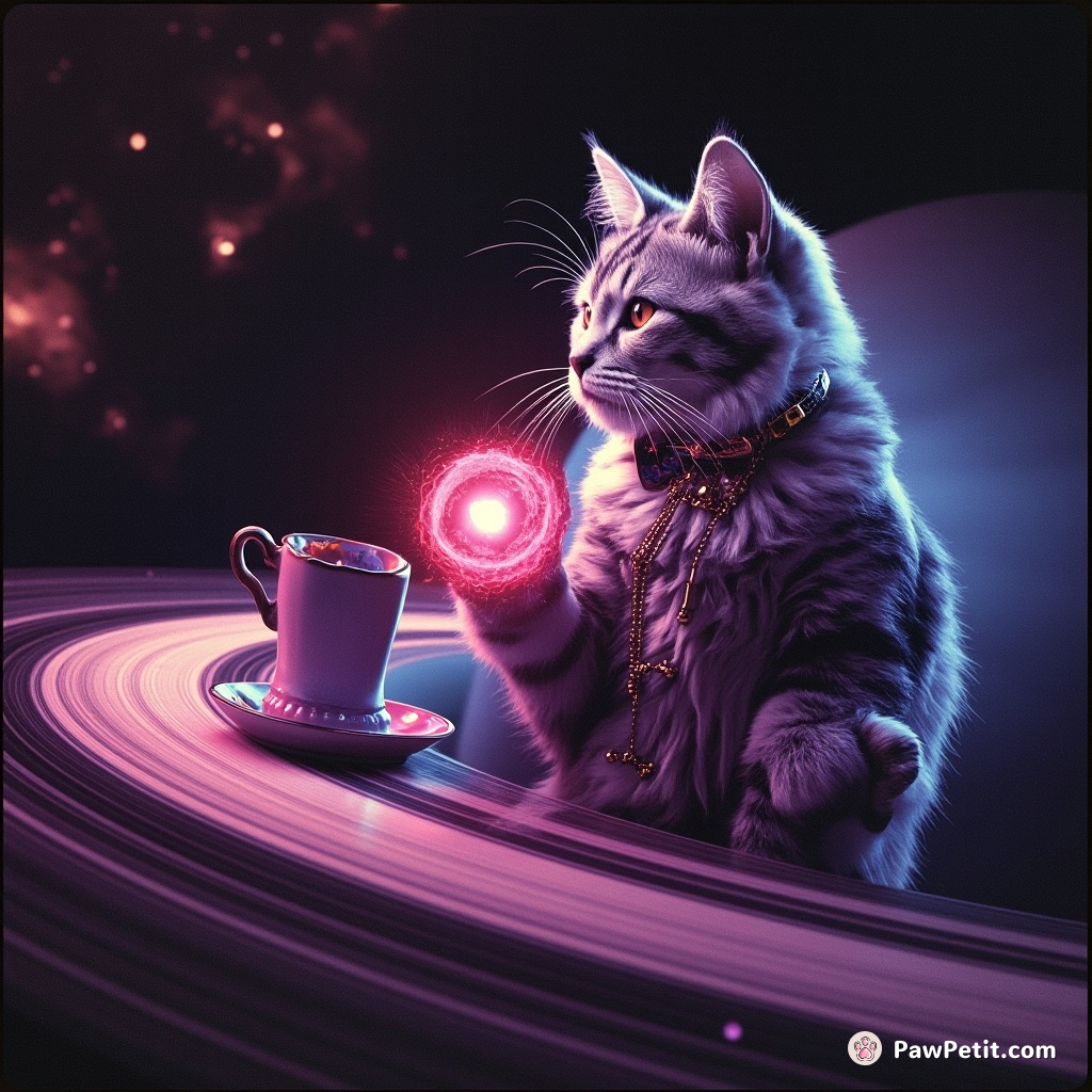 A Victorian-style cat sipping tea on the rings of Saturn, using a tiny supernova as a teapot.