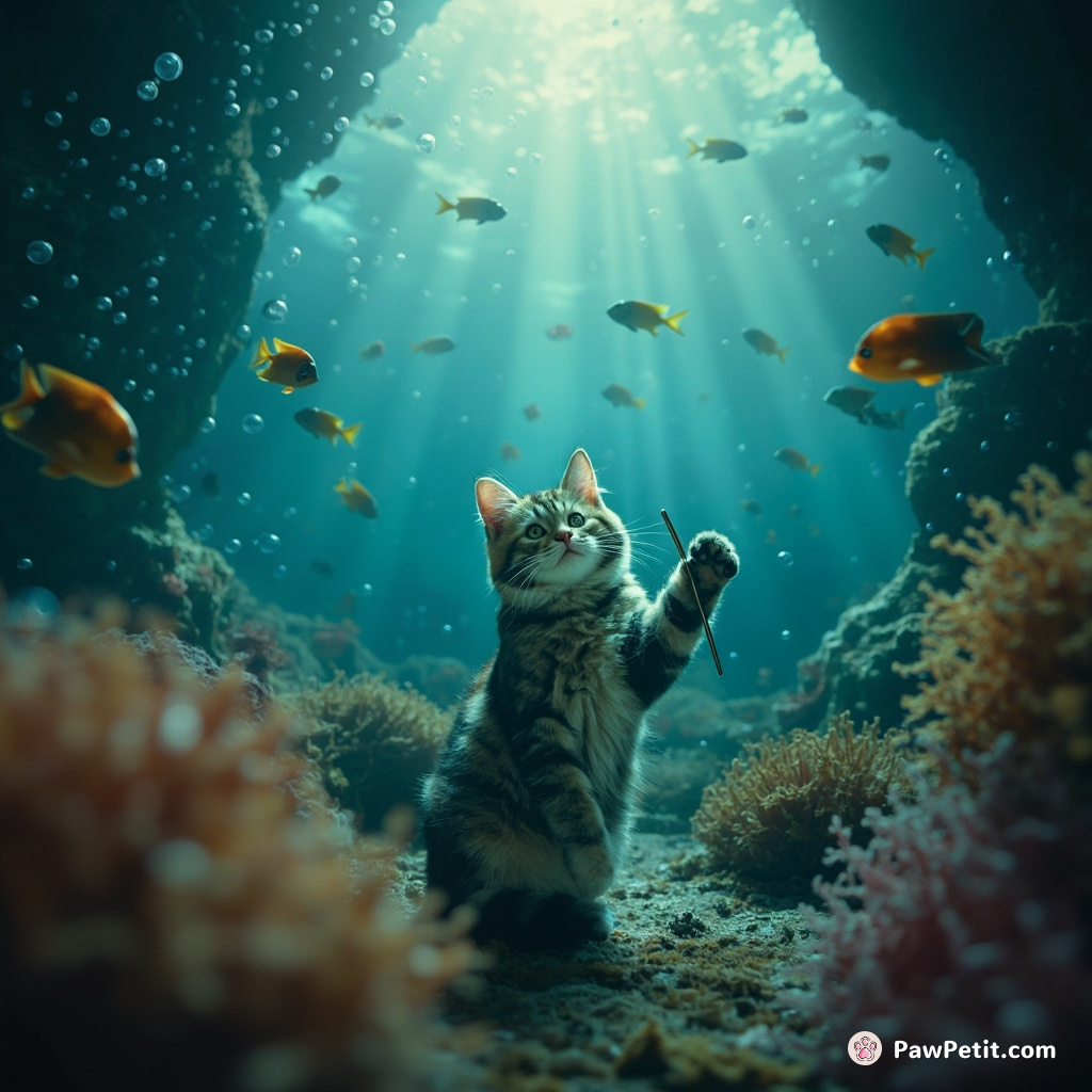 Cat conducting an underwater symphony orchestra with fish instruments in a grand, bubble-filled coral cavern.