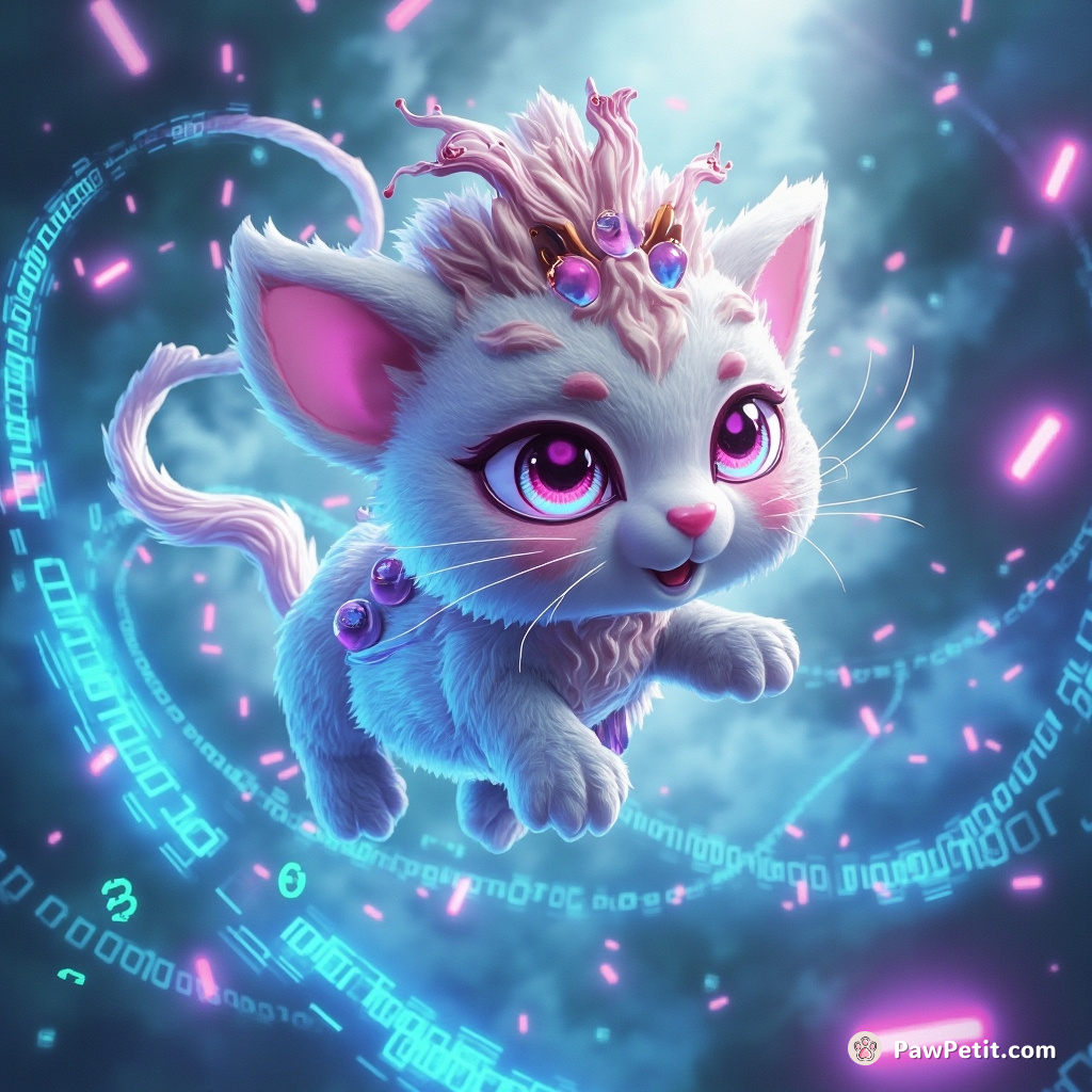 In a Pixel Kingdom, Digital Duchess leaps wildly over data-streams, gracefully cascading binary codes anywhere her 3D paws wander.