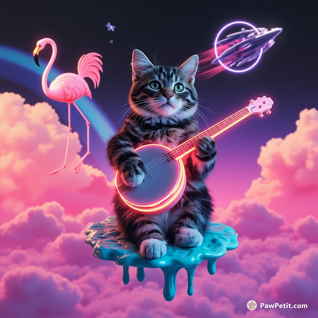 Cat playing a neon banjo on a floating island, serenading dancing flamingo shaped clouds with alien spaceships zooming by in the background.