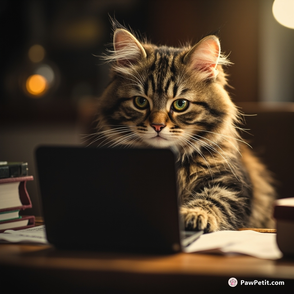 Cat sits at a tiny desk, typing on a miniature laptop with utmost seriousness, whiskers twitching with determination.