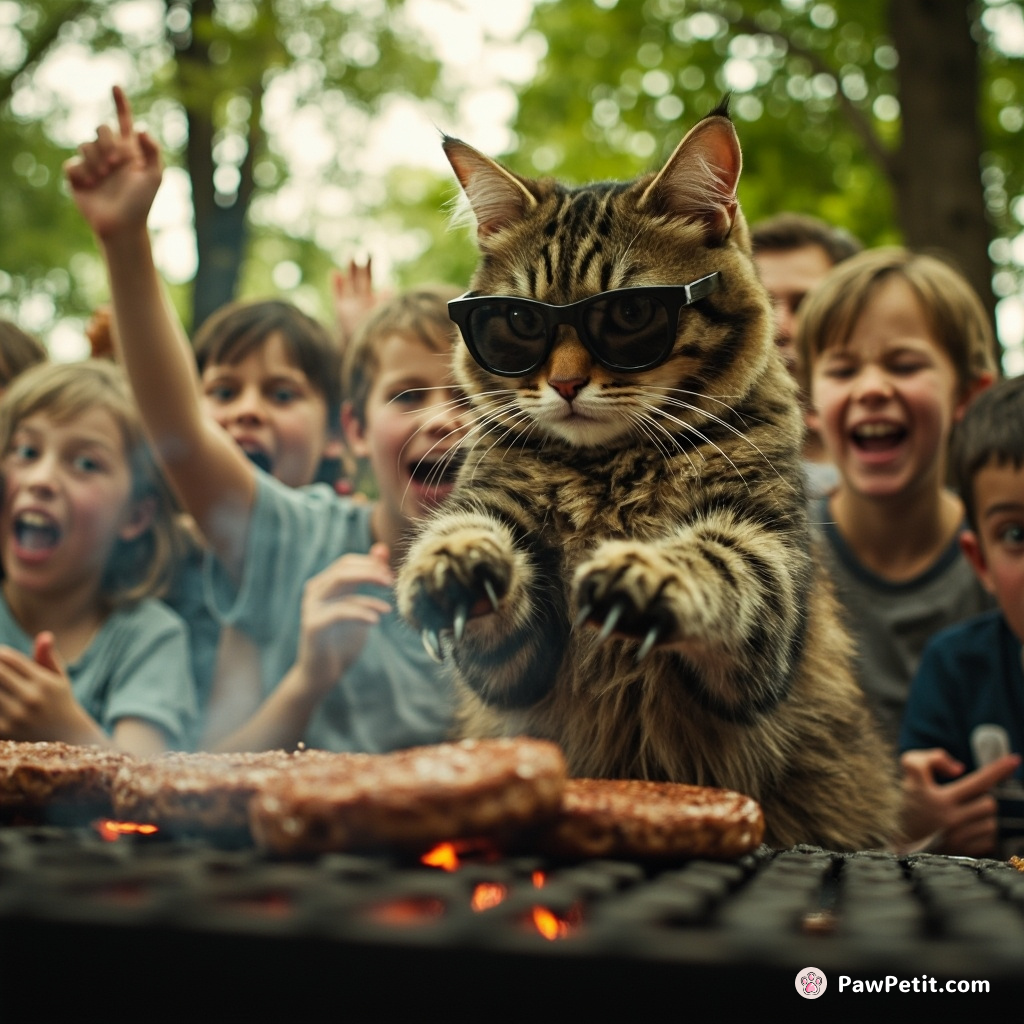 Cat, donning sunglasses, initiates bbq at park, flipping burgers elegantly with claws as astounded onlookers cheer enthusiastically.