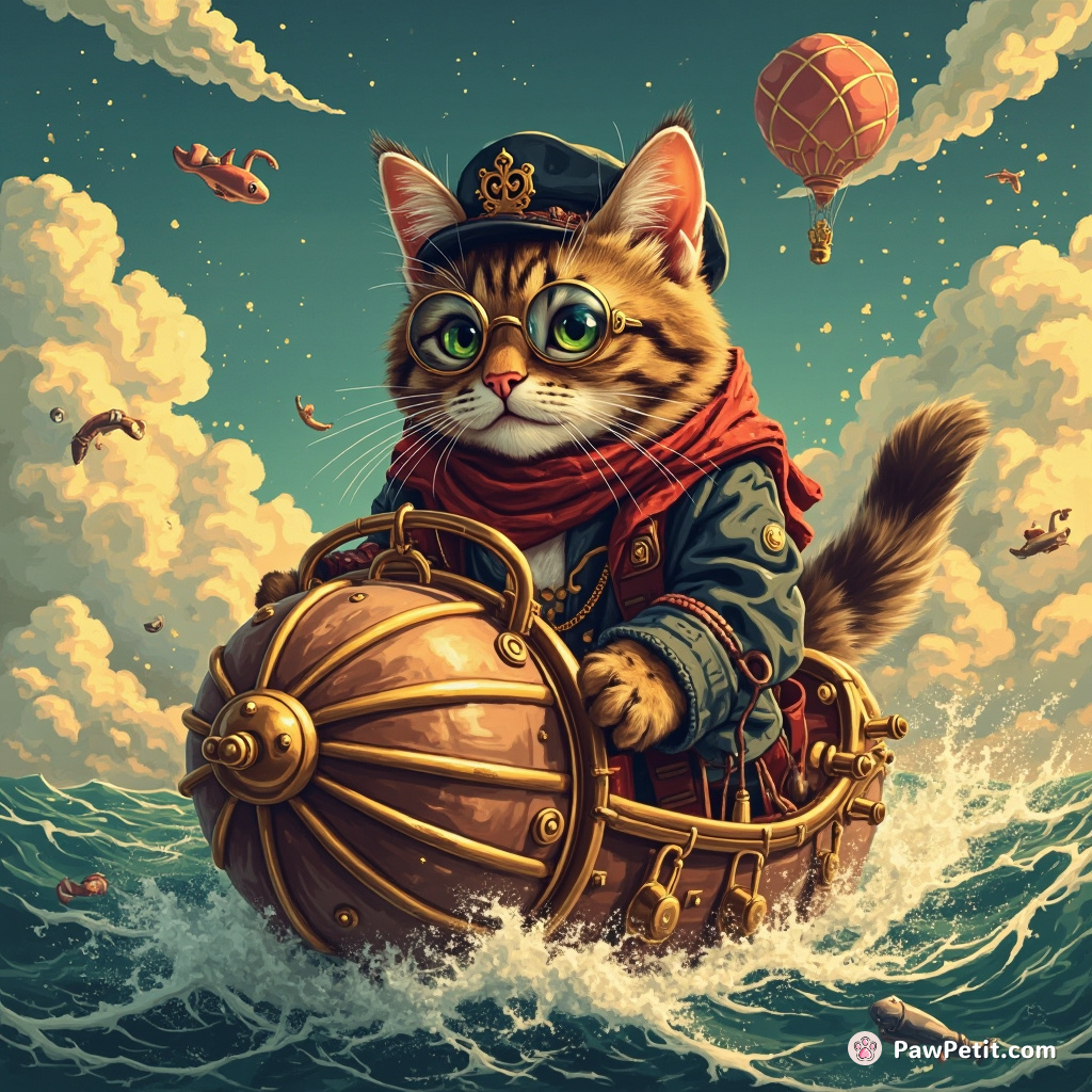 A steampunk cat wearing a monocle, piloting a gingerbread airship over an ocean of sparkling champagne.