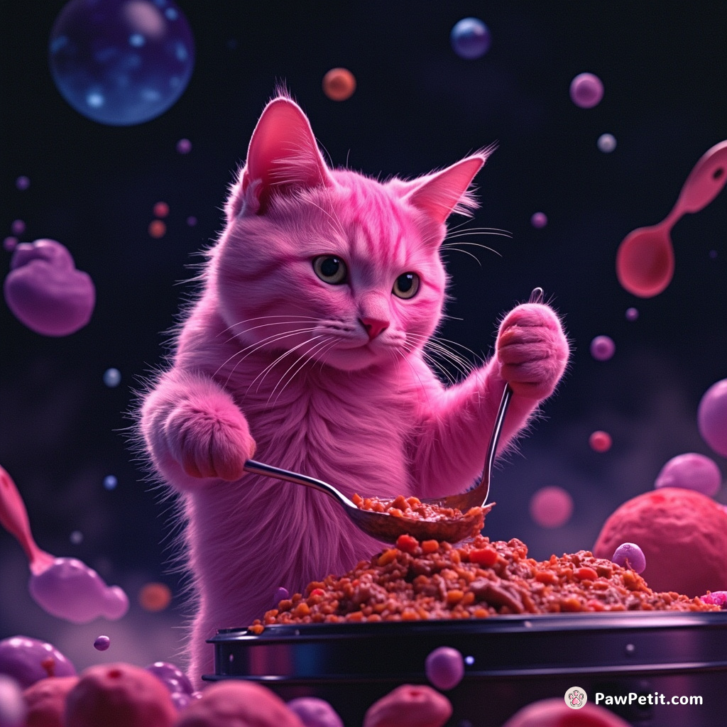 A magenta cat cooking galaxy goulash in an existential dark kitchen with alien utensils, dancing to syncopated rhythms of falling stars.