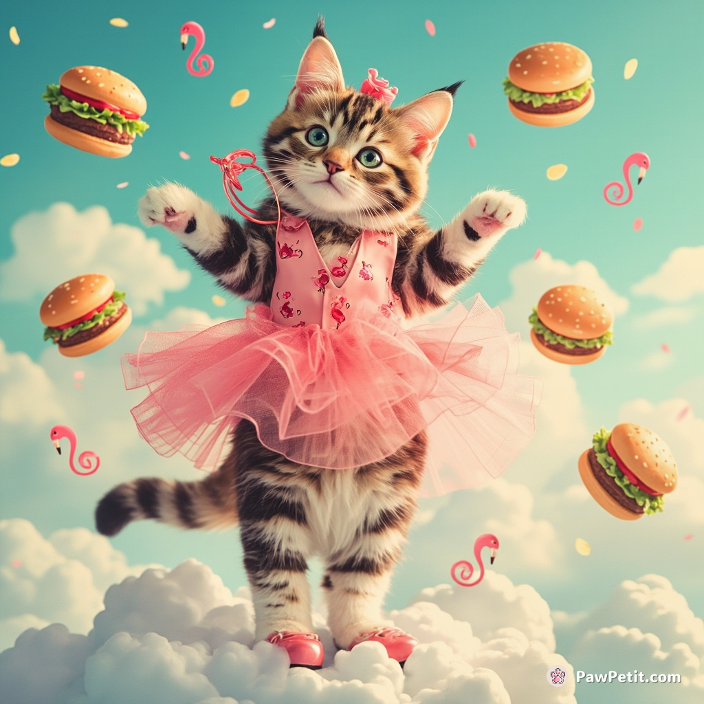 A tabby cat performing tap dance on a cloud, wearing flamingo-themed tutu and monocle, surrounded by floating cheeseburgers