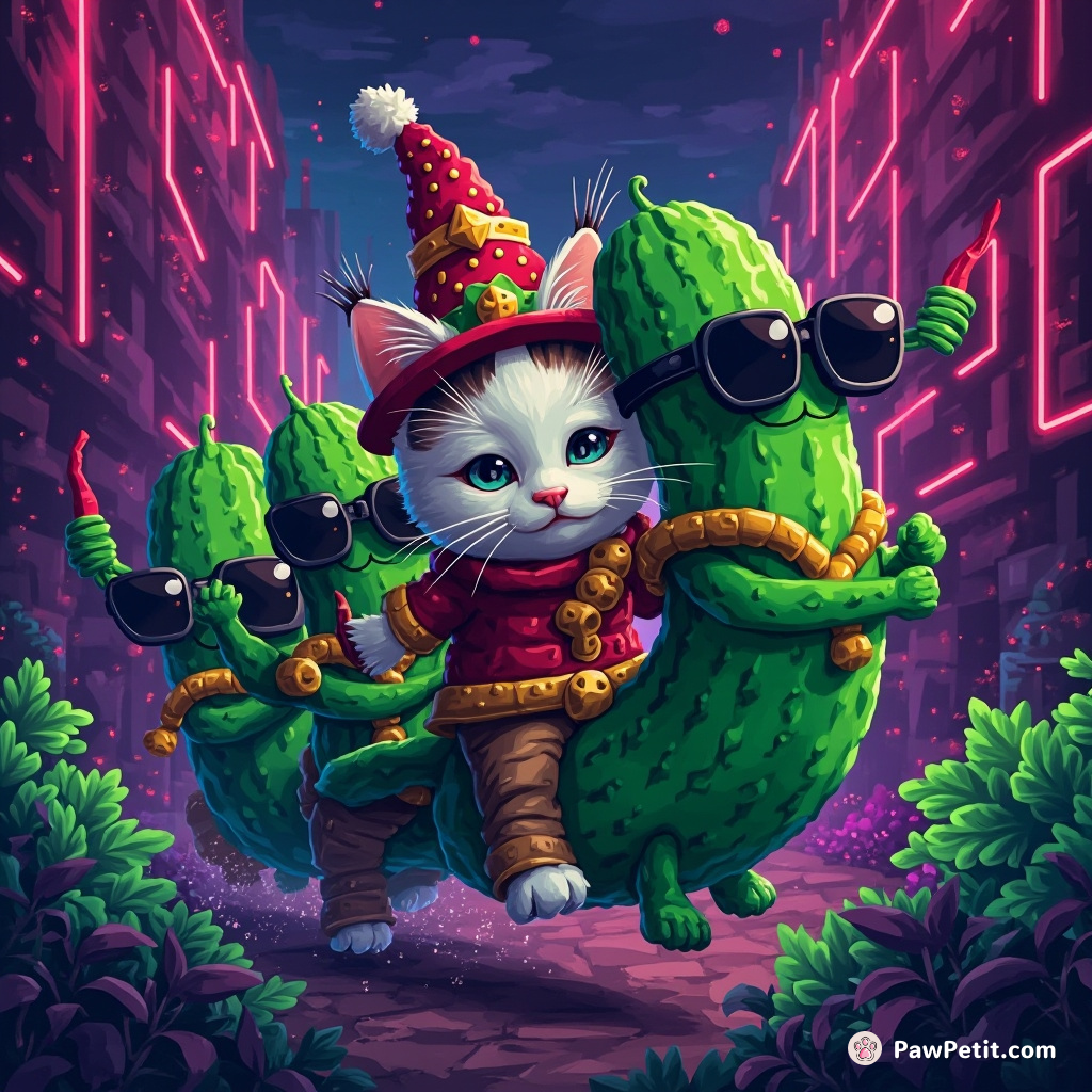 A festive cat leading a marching band of miniature human-shaped cucumbers through neon glowmarsh.