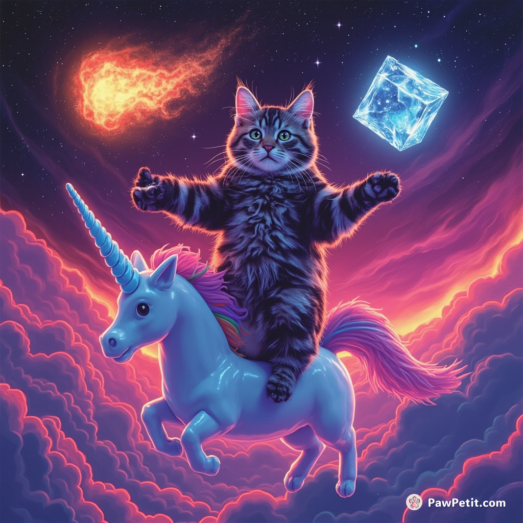 A cat juggling a galaxy, fire, and an ice cube whilst riding a rainbow narwhal under neon auroras.