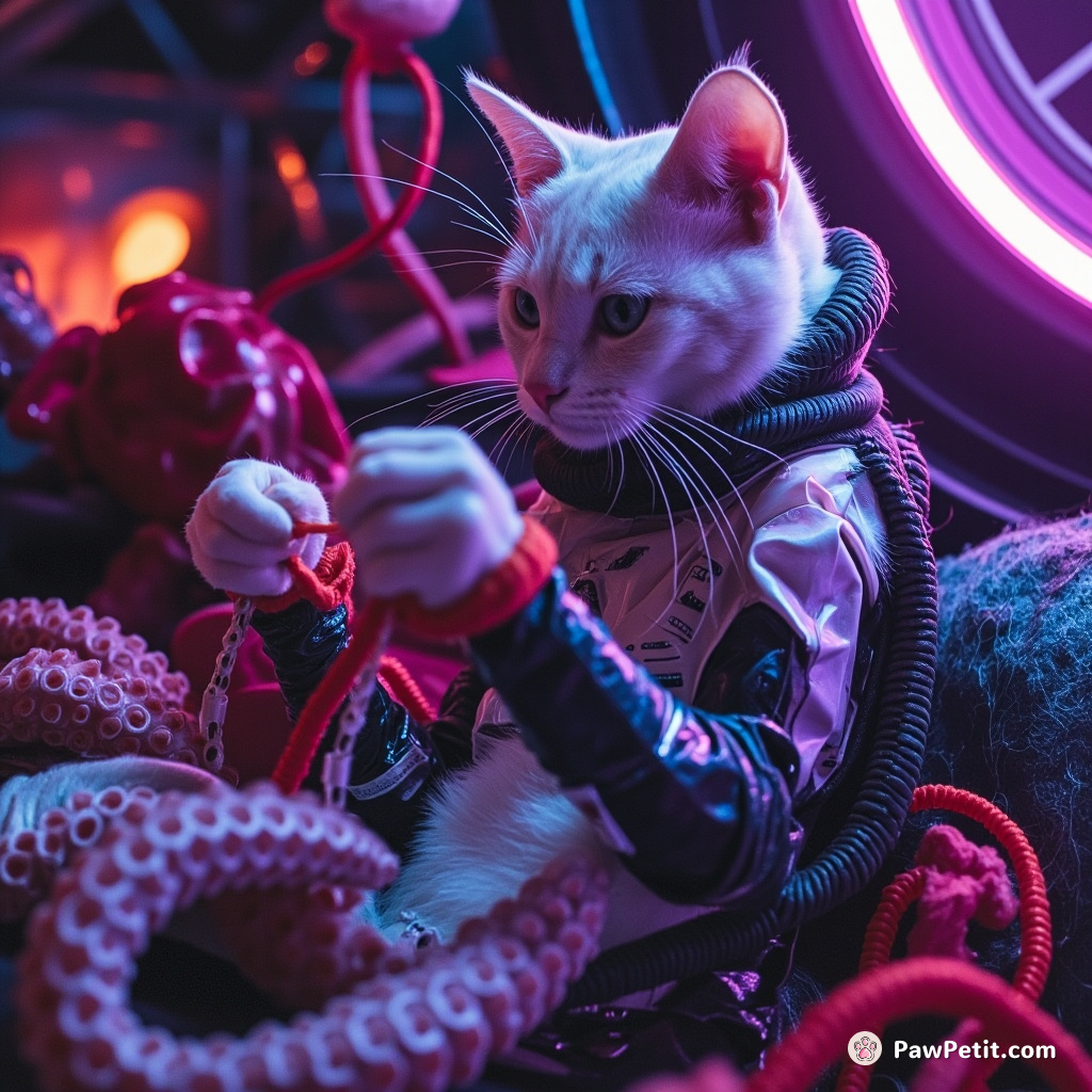 Cyborg cat knitting neon yarn in zero-gravity while hip-hop octopuses DJ a space party.
