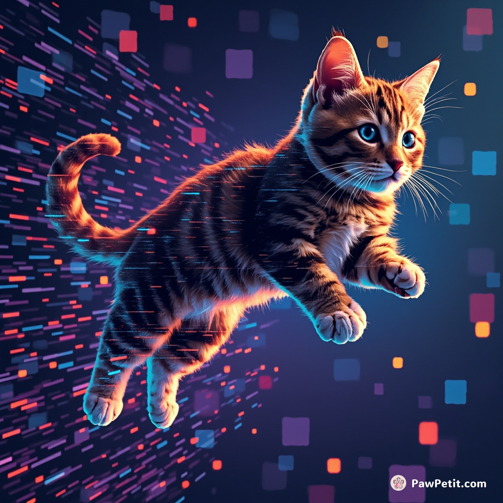 The digital cat gracefully leaps between shimmering data streams, its paws leaving trails of glowing pixels.