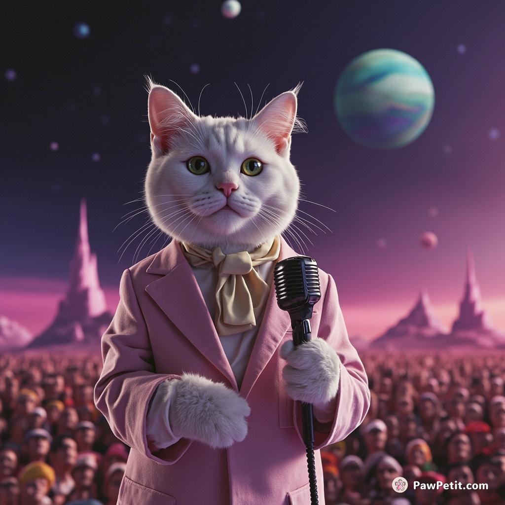 Cat doing a stand-up comedy routine for extraterrestrial audience on an alien planet.