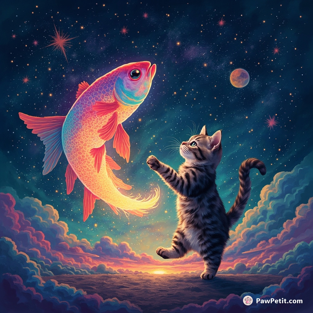 A cat enchanting a glowing fish through interpretative dance under a watercolor galaxy sky.