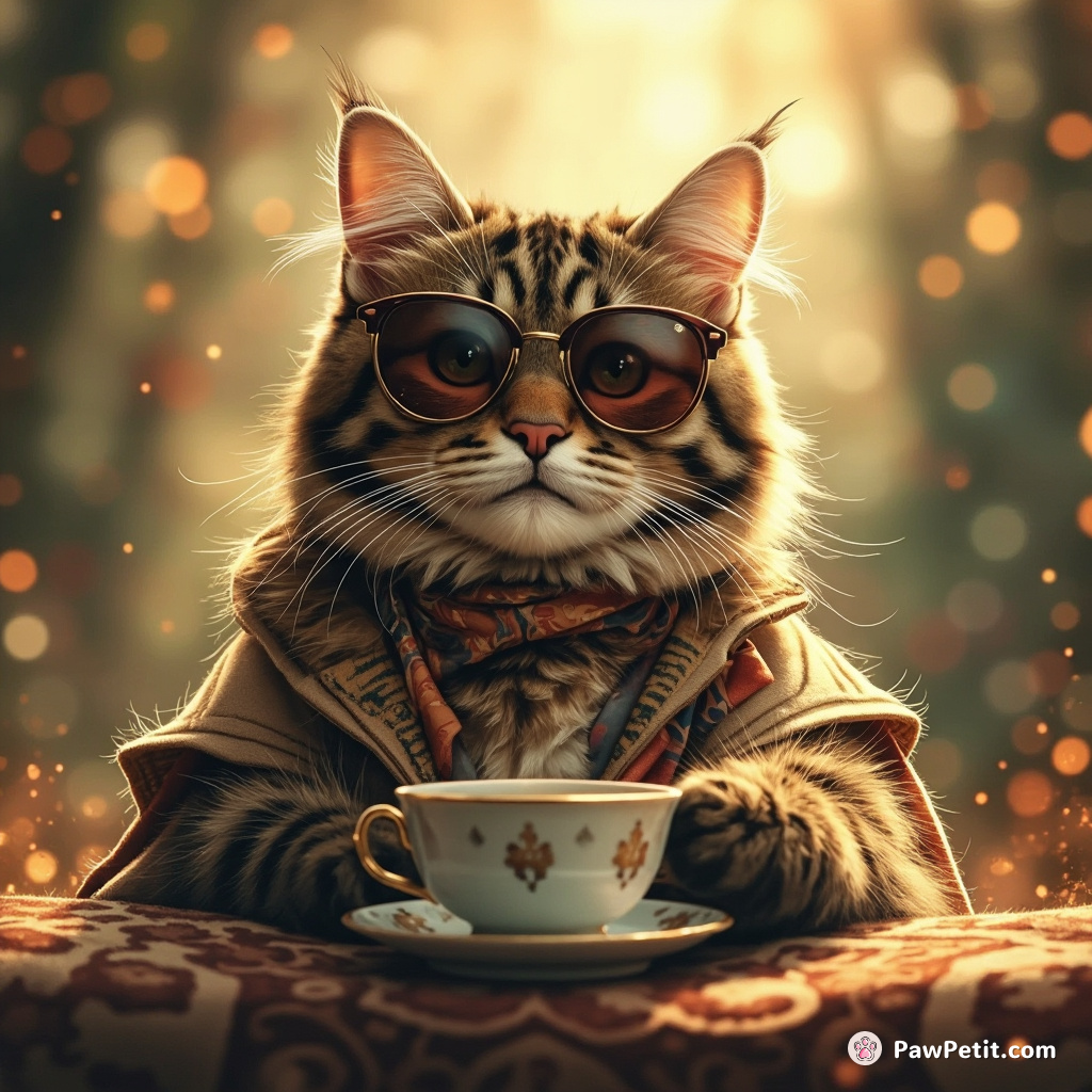 Whiskers, the cat, fashionably rocked human sunglasses, amusing all with his endless struggle to sip afternoon tea gracefully.