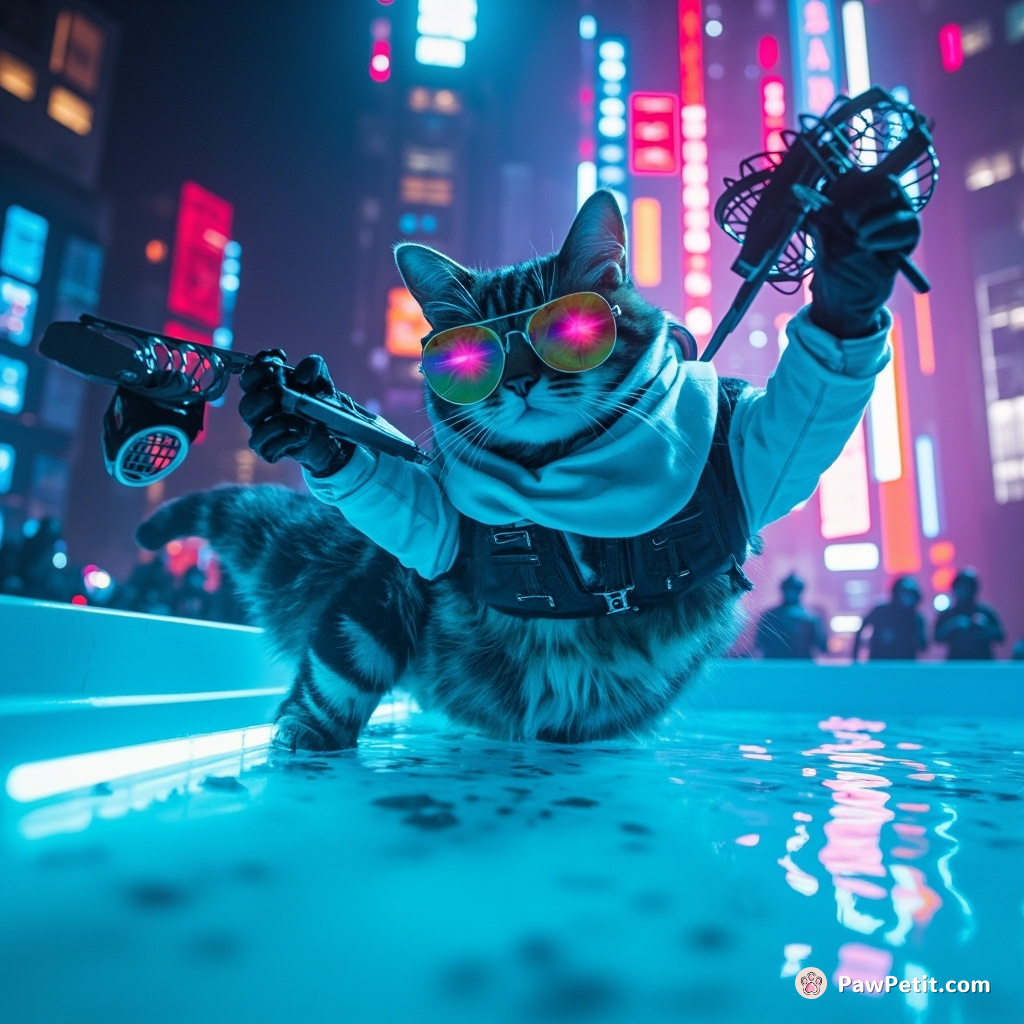 A megacity cat mayor diving into a pool of blue cheese dressing while cooling down with battery-powered rocket-propelled fans.