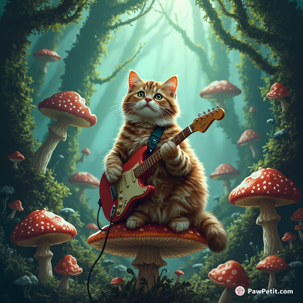 Cat playing electric guitar on a mushroom in an alien forest.