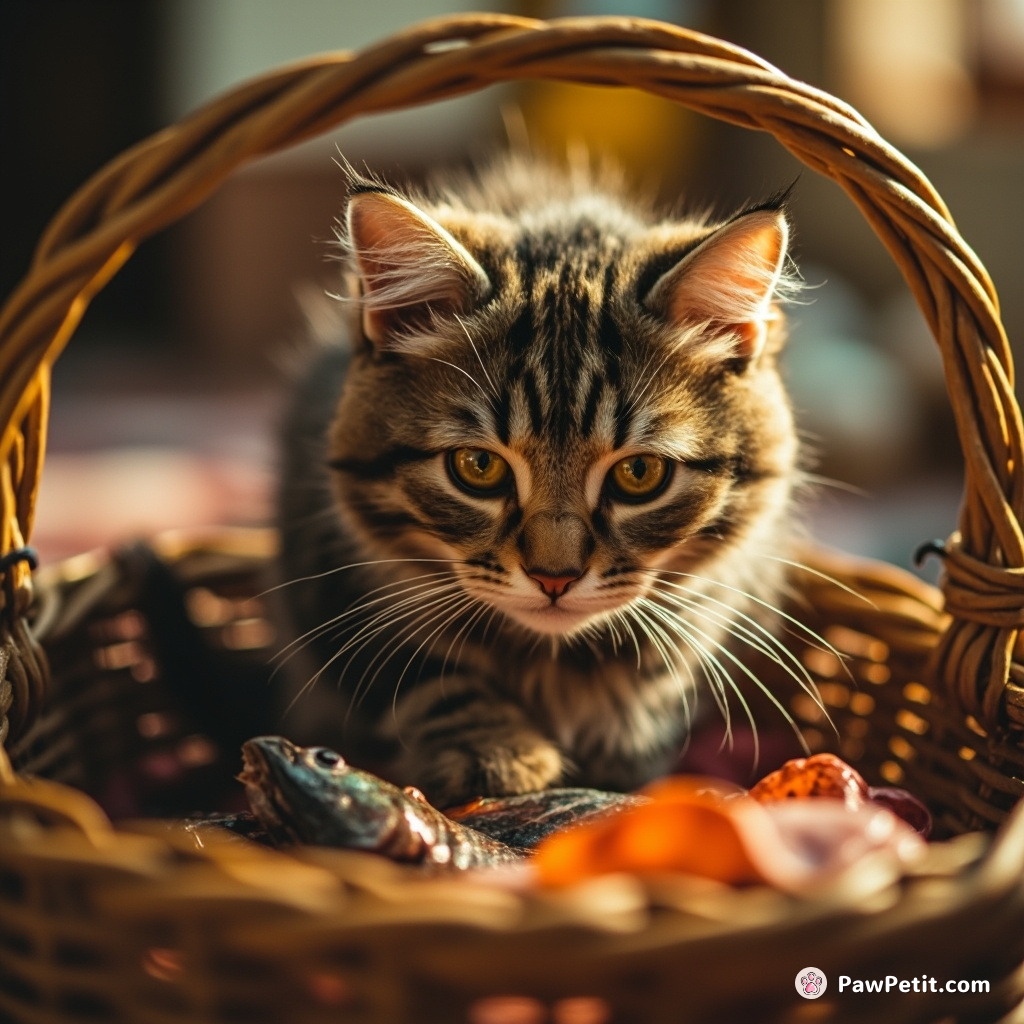 The cat attempts a daring heist, meticulously tiptoeing to swipe a fish from a picnic basket, whiskers twitching with mischief.