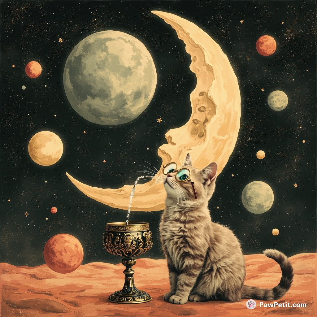 A Victorian-style sophisticated, monocle-wearing cat drinking moon nectar from an ornate goblet amidst giant floating whispers of love on Mars.
