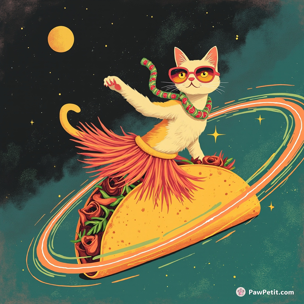 A cat surfing on a taco through the rings of Saturn, wearing sunglasses and a neon hula skirt.