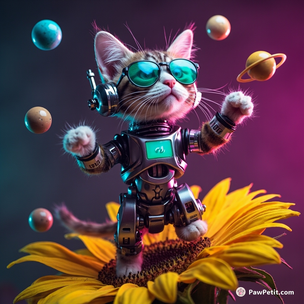 A cyborg cat tap dancing on a sunflower, juggling miniature planets.