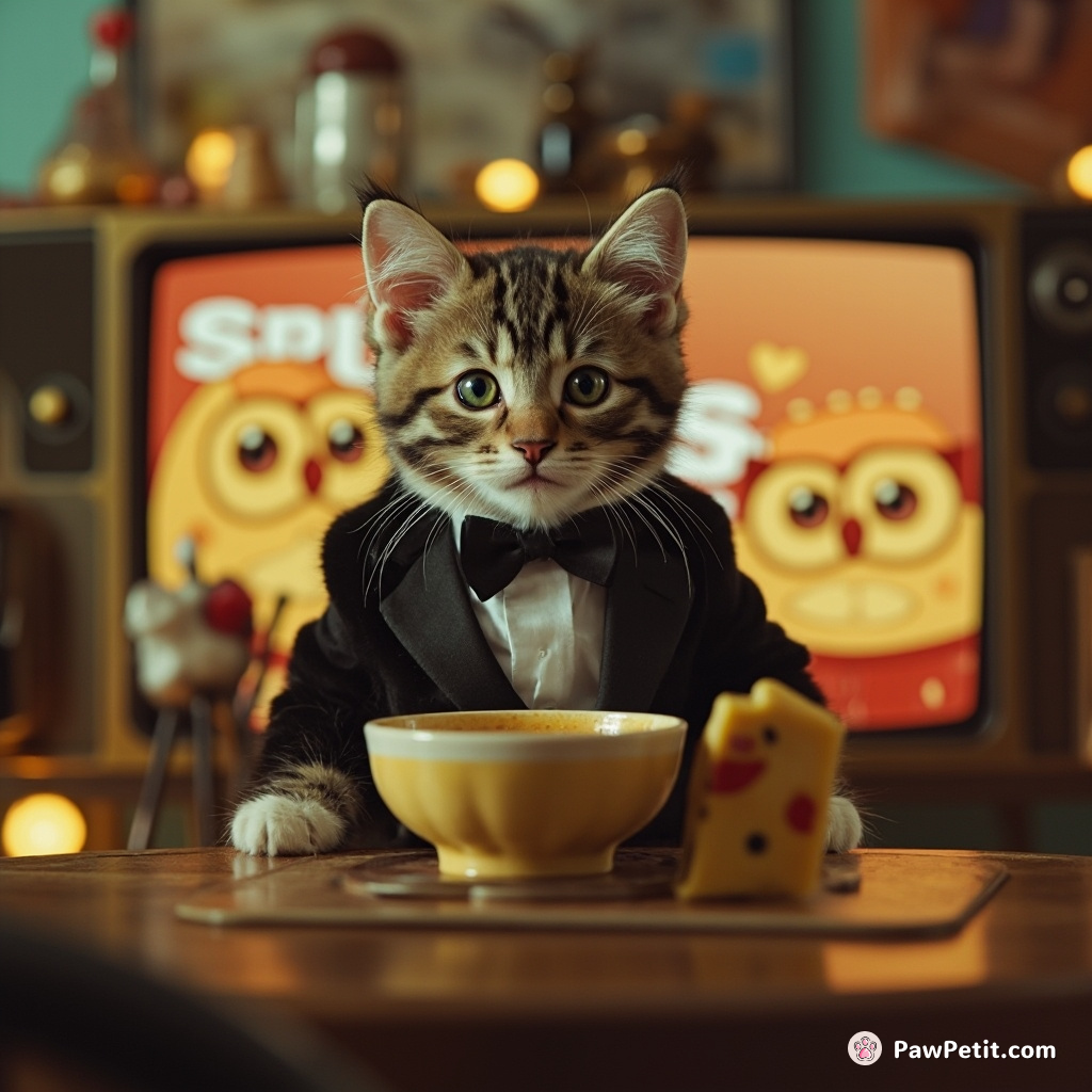 A tuxedo kitten hosting a reality soup show on dimensional television for love-struck cheese owls.