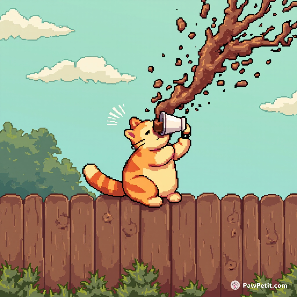 Cat perched on a fence, mimic-human sips coffee, chaos erupts as cup tips, spraying liquid chaos everywhere.