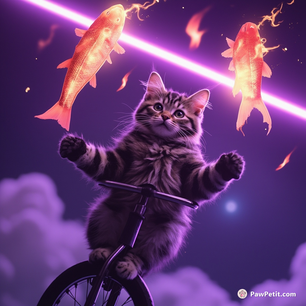 A majestic cat on a unicycle juggling flaming fish while floating through space, bathed in iridescent purple light.