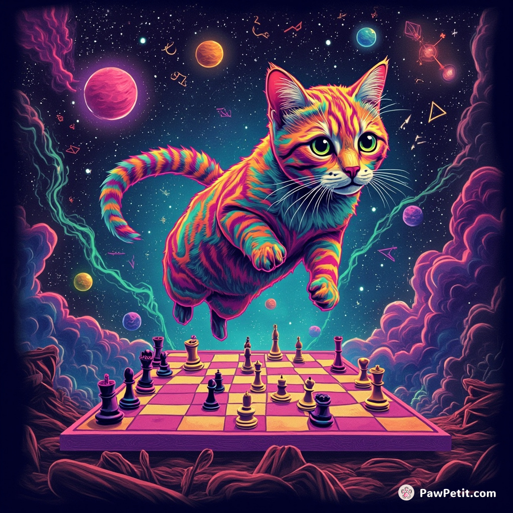 A psychedelic cat hovering over a chessboard playing against Einstein, surrounded by floating mathematical symbols under a neon galaxy.