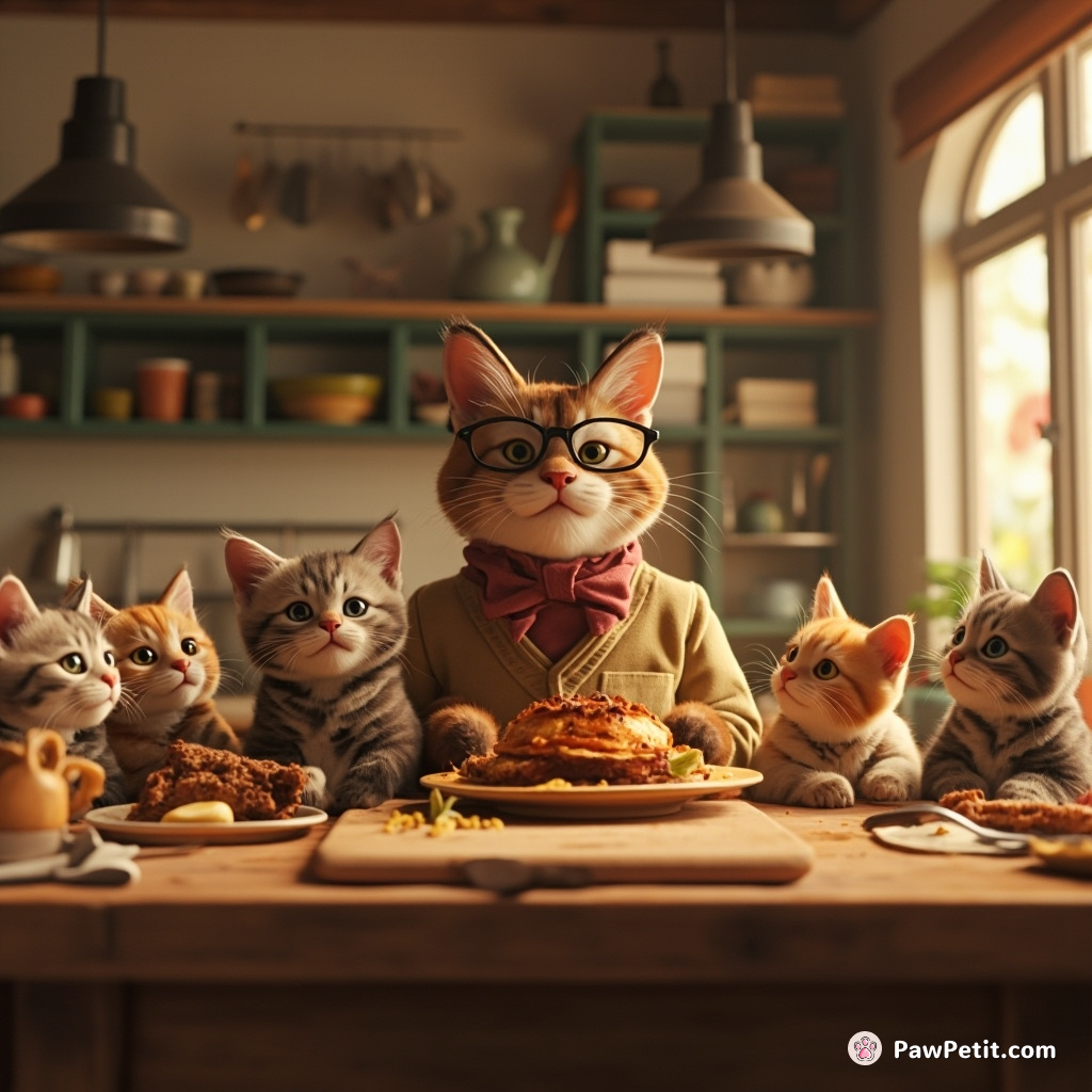 A sophisticated alley cat schooling a group of kittens how to make the pastry dish "beef wellington" in a large, open-kitchen backdrop.