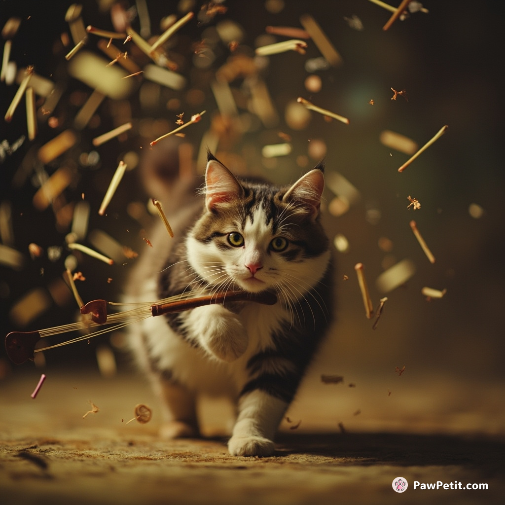 In her alarm, the cat furiously twirls herself amidst dangling sitar strings, bellowing a deafening symphony of discord.