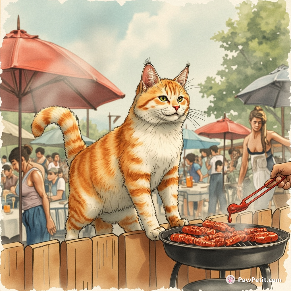 Amid chaotic barbecue hustle, whiskered Hercules sashays atop the fence, comically mimicking human gossip counters, licking BBQ sauce nonchalantly.