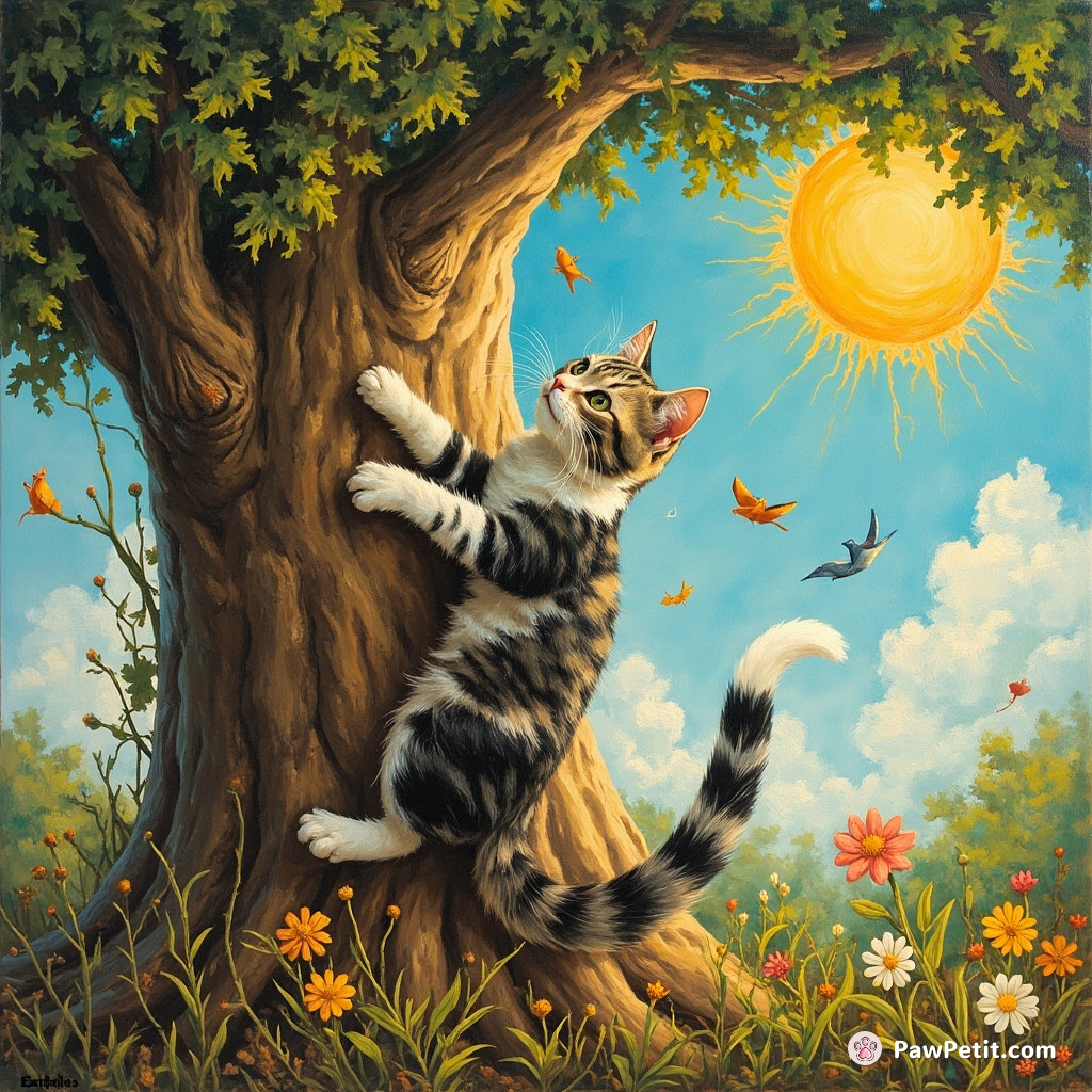 Chaos erupts as Zephyr, the feline, races up a tree to taste sunshine, unflattering confusion mirroring human nature.