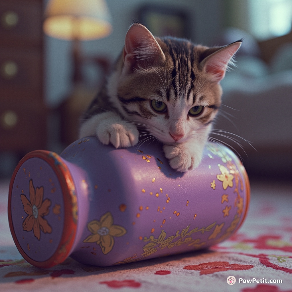 The cat knocks over its owner's cremation urn, mistaking it for just another unscrupulous container to topple.
