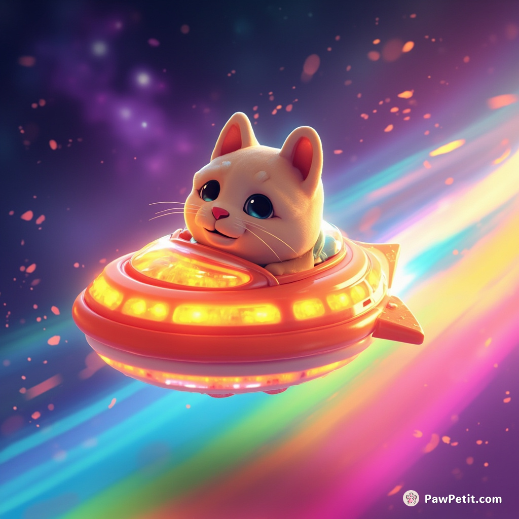 A cat fervidly piloting a glowing sushi spaceship through rainbow nebula.