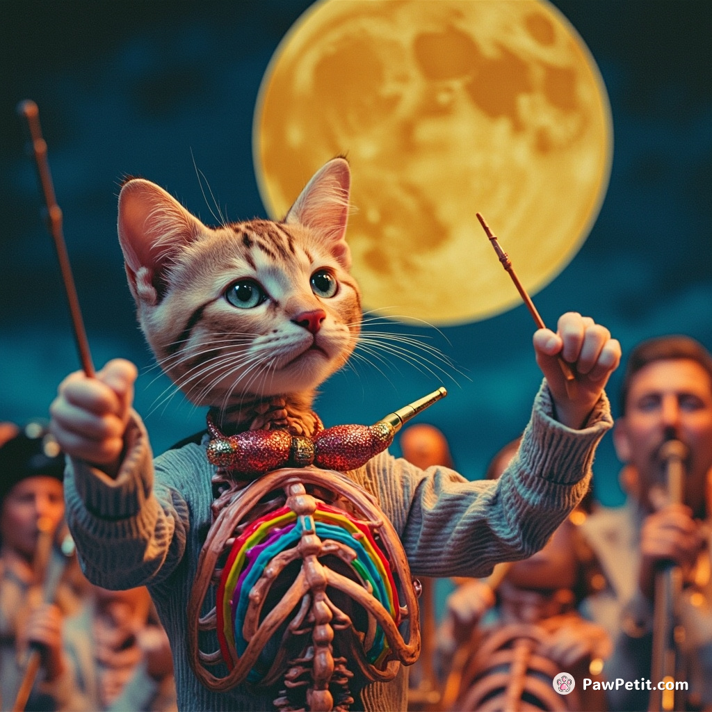 Cat orchestra conductor waving a rainbow fish skeleton, famous symphony of kazoos playing on the cheese moon.