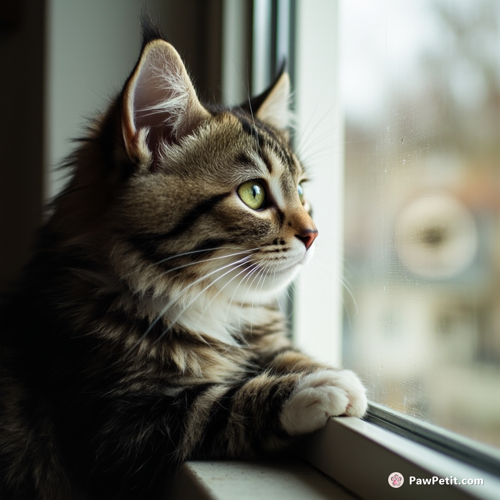 Cat perches on a windowsill, paws on the glass, intently watching the world outside with curiosity and longing.