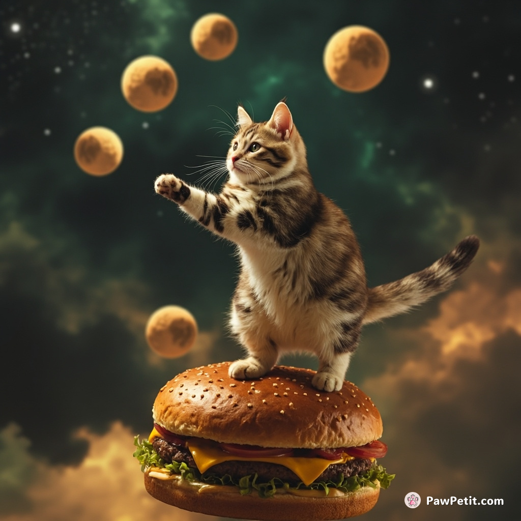 Cat juggling tiny moons while balancing on a giant cheeseburger in space.