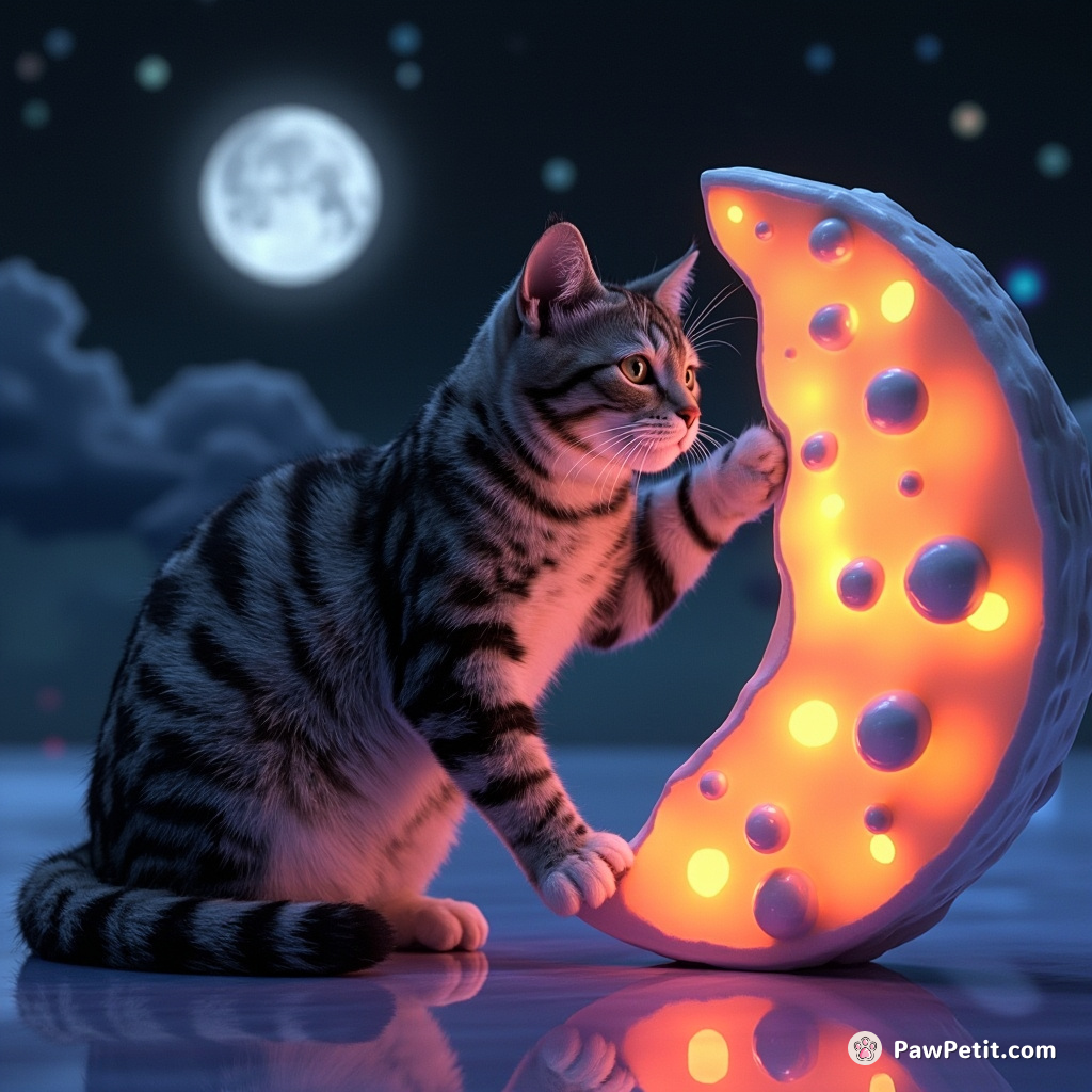 Night-time cat secretly sculpting luminescent cheese moon.